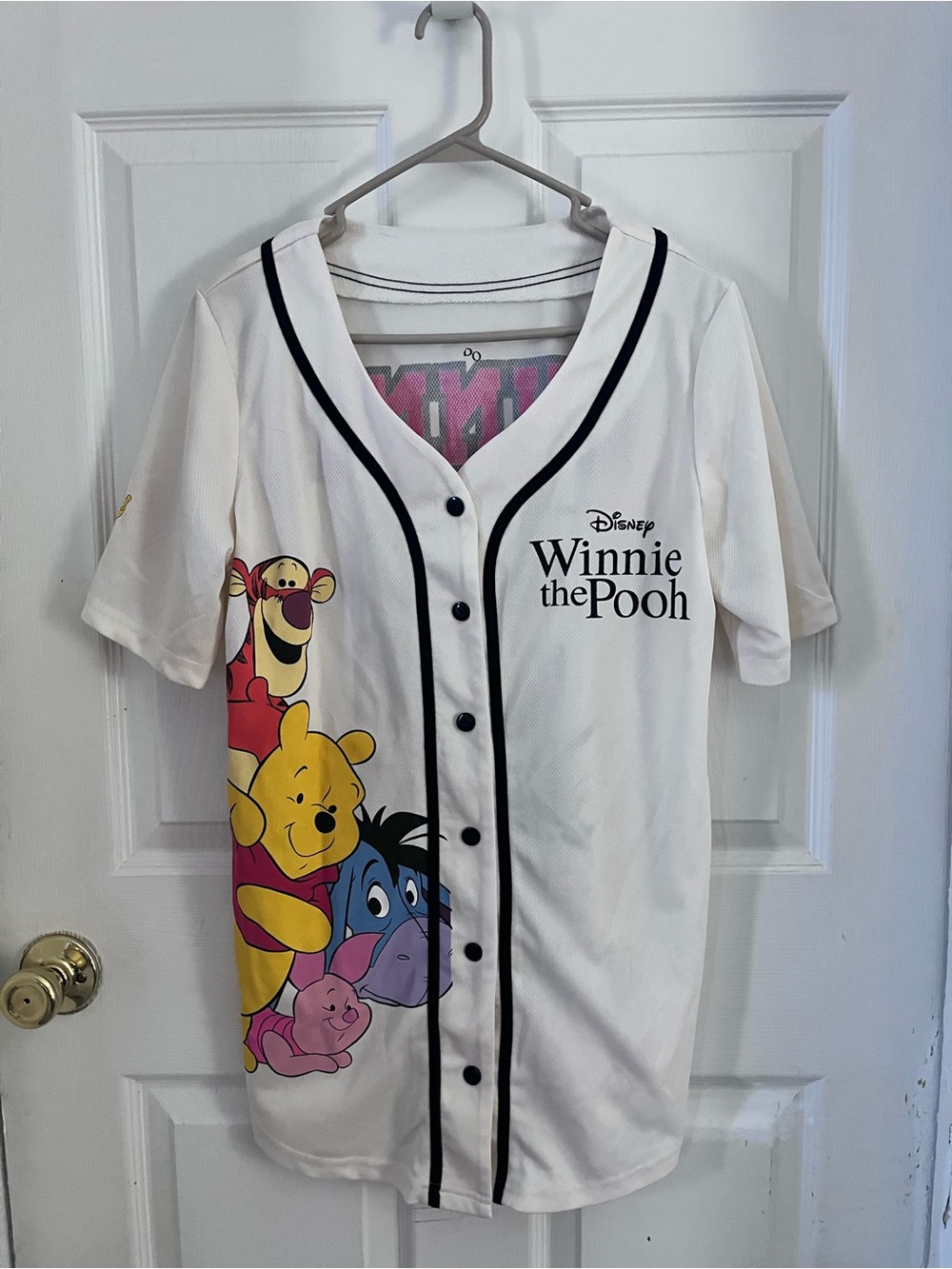 Disney Winnie the Pooh White Baseball Jersey with Multi-Character Print